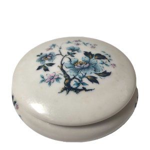 Rochard Limoges porcelain trinket box magnolia round blue pill jewelry gold trim